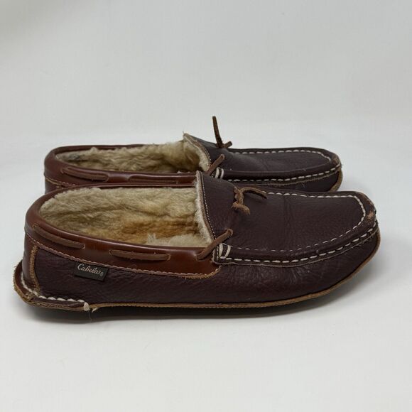 Cabelas Oil Tanned Leather Slippers Mens 9 M Sherpa Lined Moccasin Loafers - Picture 1 of 16